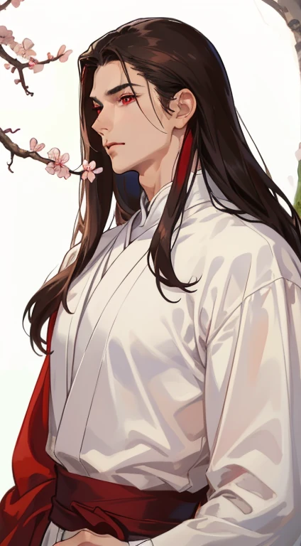 masterpiece, best quality, realistic, 1man, male focus, male model, tall muscular, handsome, closed mouth, simple clothes, portrait,extremely detailed face, long dark hair, flying bangs, red eyes, white background, simple background, SIDE VIEW, looking at the viewers, view from the back, cherry blossom, MALE ONLY, MALE