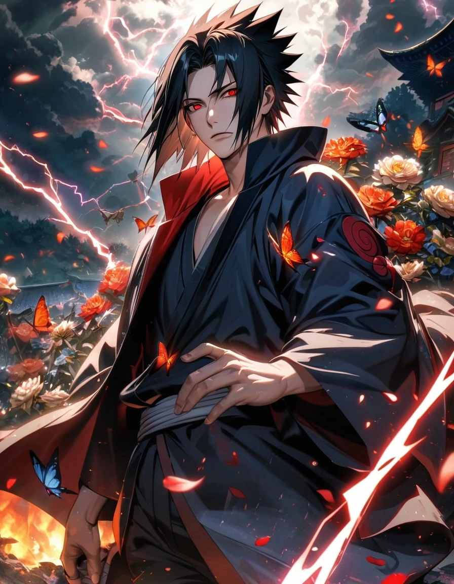 Ultra detailed, Highres, absurdres, HDR, Uchiha Sasuke, red eyes, black hair, Naruto Shippuden, lightning, butterflies, handsome, 1 man only, very detailed face and eyes, flowers and petals,
