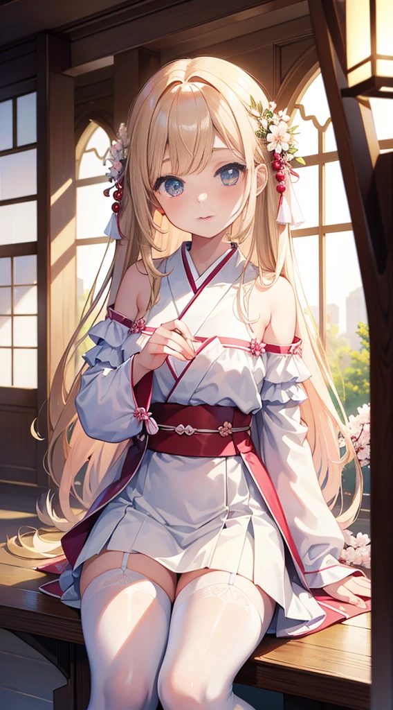(masterpiece, best quality, ultra-detailed)、doress, ,white stockings,tiny girl, twinkle, Eyes that shine like jewels,inside the house、romantic lighting,soft focus, A Japanese style, cherry blossom petal, wide shot.