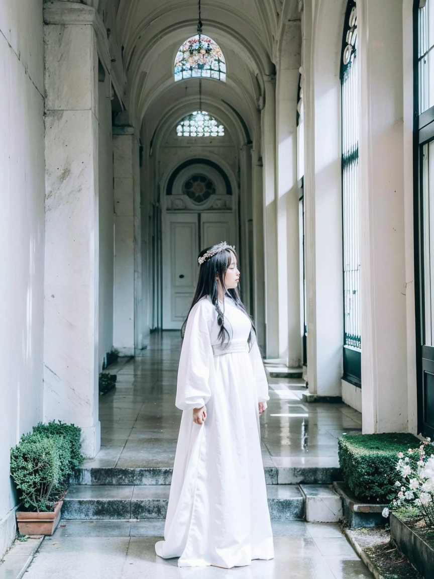 official art, unity 8k wallpaper, ultra detailed, beautiful and aesthetic, masterpiece, best quality, momometal, Surrealism, high detail, modern, motion blur, ray tracing, film grain, drop shadow, UHD, masterpiece, anatomically correct, super detail, 4K, full body shot, ((a woman in a white dress standing in a white rose field, arms behind body, a picture inspired by Jeong Seon, tumblr, neo-romanticism, white hanfu, ancient white dress, ((wearing a white flowing dress, wave by the air)), korean women's fashion model, a beautiful woman in white, flowing white dress, beautiful south korean woman, heonhwa choe, lee ji - eun)). The artwork should have a cinematic feel with dramatic lighting and a mystical setting. The artist's style should be realistic and highly detailed, taking inspiration from the works of Victoria Frances and Nene Thomas. The resolution should be 4K or higher, by Artgerm, 4k, natural daylight, white head crown with full ornament, perfection, ultra high res, ((More_Detail))