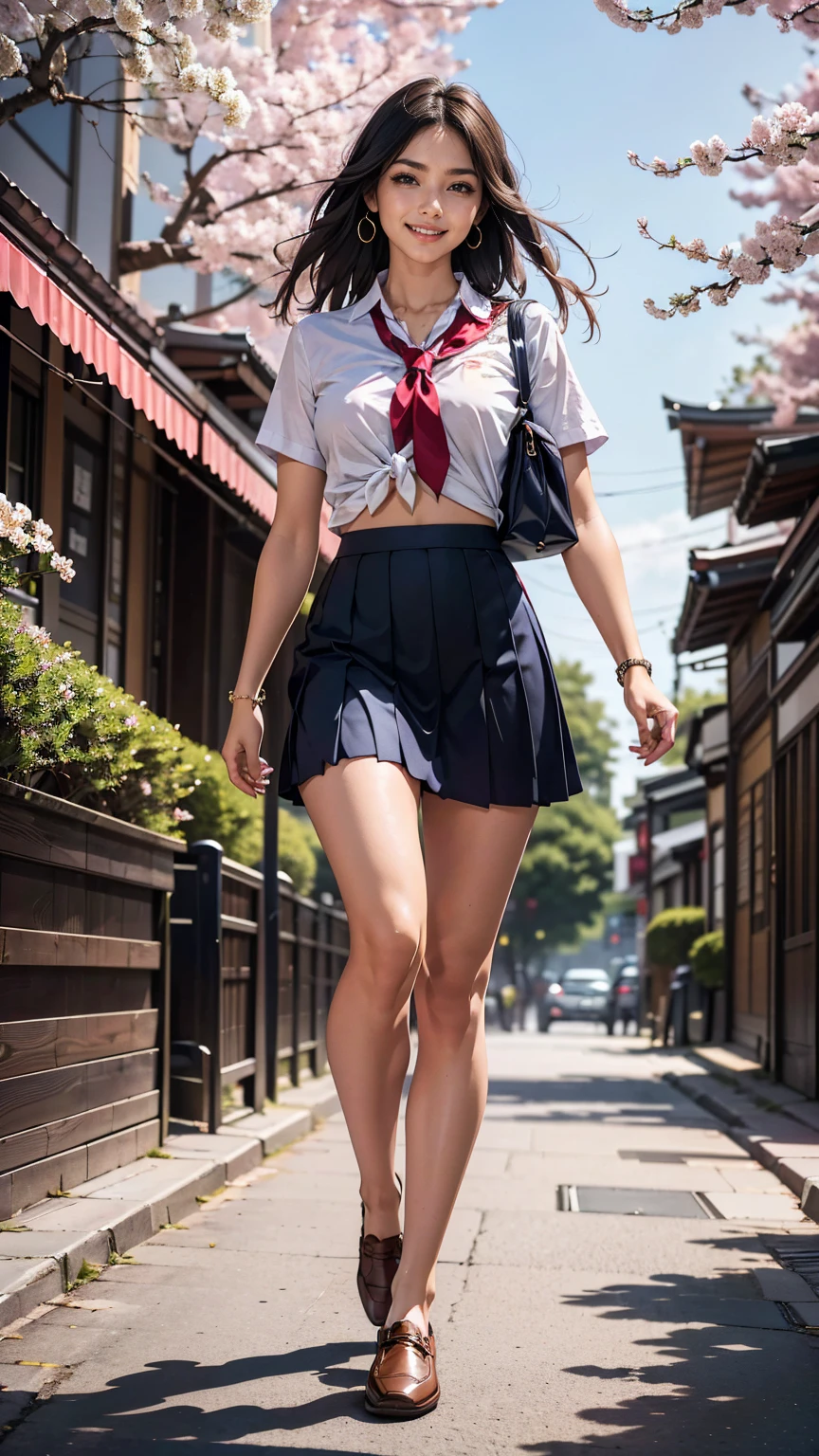 (8K, RAW photo, highest quality, masterpiece:1.2), (realistic, photo-realistic:1.37)、26 year old white woman、hair is black、Eye color is indigo、long hair、I braid it lightly、Slender but well-proportioned muscular body、setting hair、I'm punching my chest、accessories on the ankle、smile、I'm wearing a hair band、wearing a tie front shirt、My abs are cracked、I can see my bellybutton、She is wearing a dark blue low-rise micro-mini length pleated skirt.、wearing stockings、白い靴下wear、loafers((loafer))wear、Have a student bag、I'm on the row of cherry blossom trees I planted at school.、Cherry blossoms are in full bloom、smile、Entrance ceremony