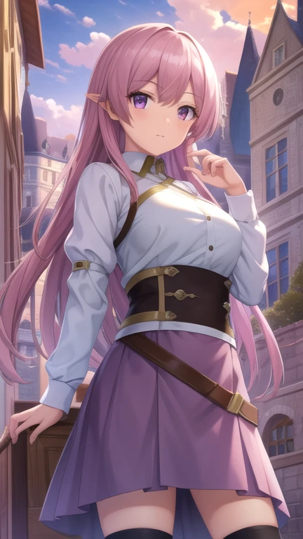 masterpiece, best quality, game cg, 1girl, solo, looking at viewer, , , ligne claire, , luna_heela, pink hair, purple eyes, , , , kerchief, The Castle of Shadows, 32k resolution