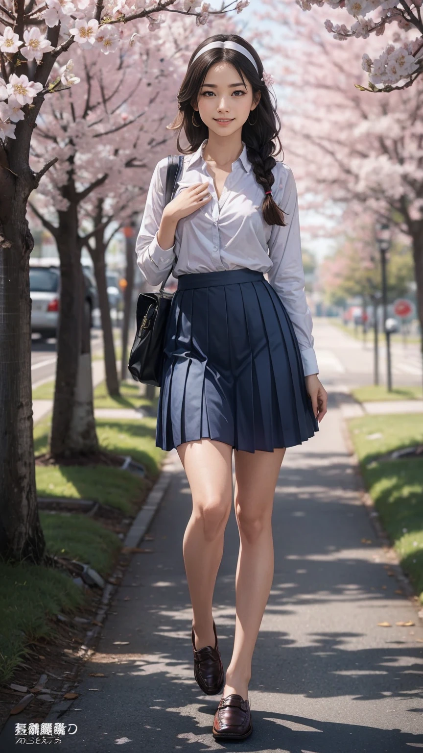(8K, RAW photo, highest quality, masterpiece:1.2), (realistic, photo-realistic:1.37)、26 year old white woman、hair is black、Eye color is indigo、long hair、I braid it lightly、Slender but well-proportioned muscular body、setting hair、I'm punching my chest、accessories on the ankle、smile、I'm wearing a hair band、wearing a tie front shirt、My abs are cracked、I can see my bellybutton、She is wearing a dark blue low-rise micro-mini length pleated skirt.、wearing stockings、白い靴下wear、loafers((loafer))wear、Have a student bag、I'm on the row of cherry blossom trees I planted at school.、Cherry blossoms are in full bloom、smile、Entrance ceremony