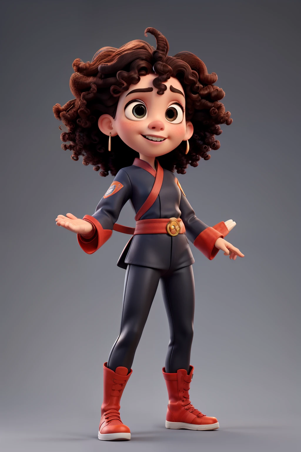 Create a Disney, Pixar style image of a white girl, Kung Fu fighter, wearing a black martial arts uniform. with kinky, curly brown hair arranged in a high combed up style.