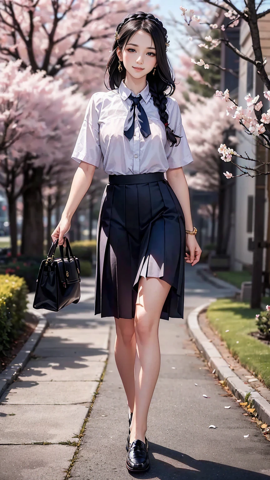 (8K, RAW photo, highest quality, masterpiece:1.2), (realistic, photo-realistic:1.37)、26 year old white woman、hair is black、Eye color is indigo、long hair、I braid it lightly、Slender but well-proportioned muscular body、setting hair、I'm punching my chest、accessories on the ankle、smile、I'm wearing a hair band、wearing a tie front shirt、My abs are cracked、I can see my bellybutton、She is wearing a dark blue low-rise micro-mini length pleated skirt.、wearing stockings、白い靴下wear、loafers((loafer))wear、Have a student bag、I'm on the row of cherry blossom trees I planted at school.、Cherry blossoms are in full bloom、smile、Entrance ceremony