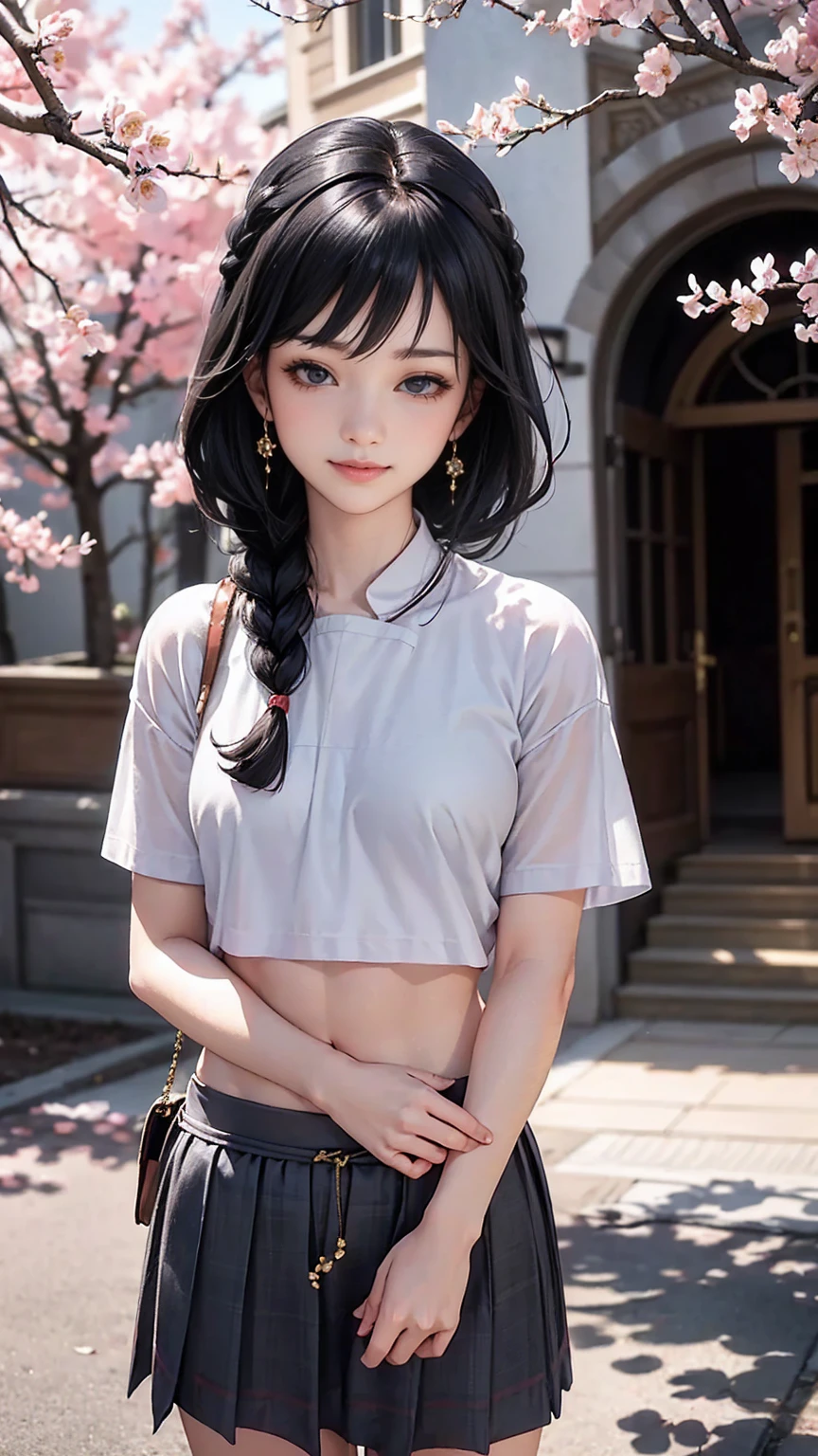 (8K, RAW photo, highest quality, masterpiece:1.2), (realistic, photo-realistic:1.37)、26 year old white woman、hair is black、Eye color is indigo、long hair、I braid it lightly、Slender but well-proportioned muscular body、setting hair、I&#39;m punching my chest、accessories on the ankle、smile、I&#39;m wearing a hair band、wearing a tie front shirt、My abs are cracked、I can see my bellybutton、She is wearing a dark blue low-rise micro-mini length pleated skirt.、wearing stockings、白い靴下wear、loafers((loafer))wear、Have a student bag、I&#39;m on the row of cherry blossom trees I planted at school.、Cherry blossoms are in full bloom、smile、Entrance ceremony