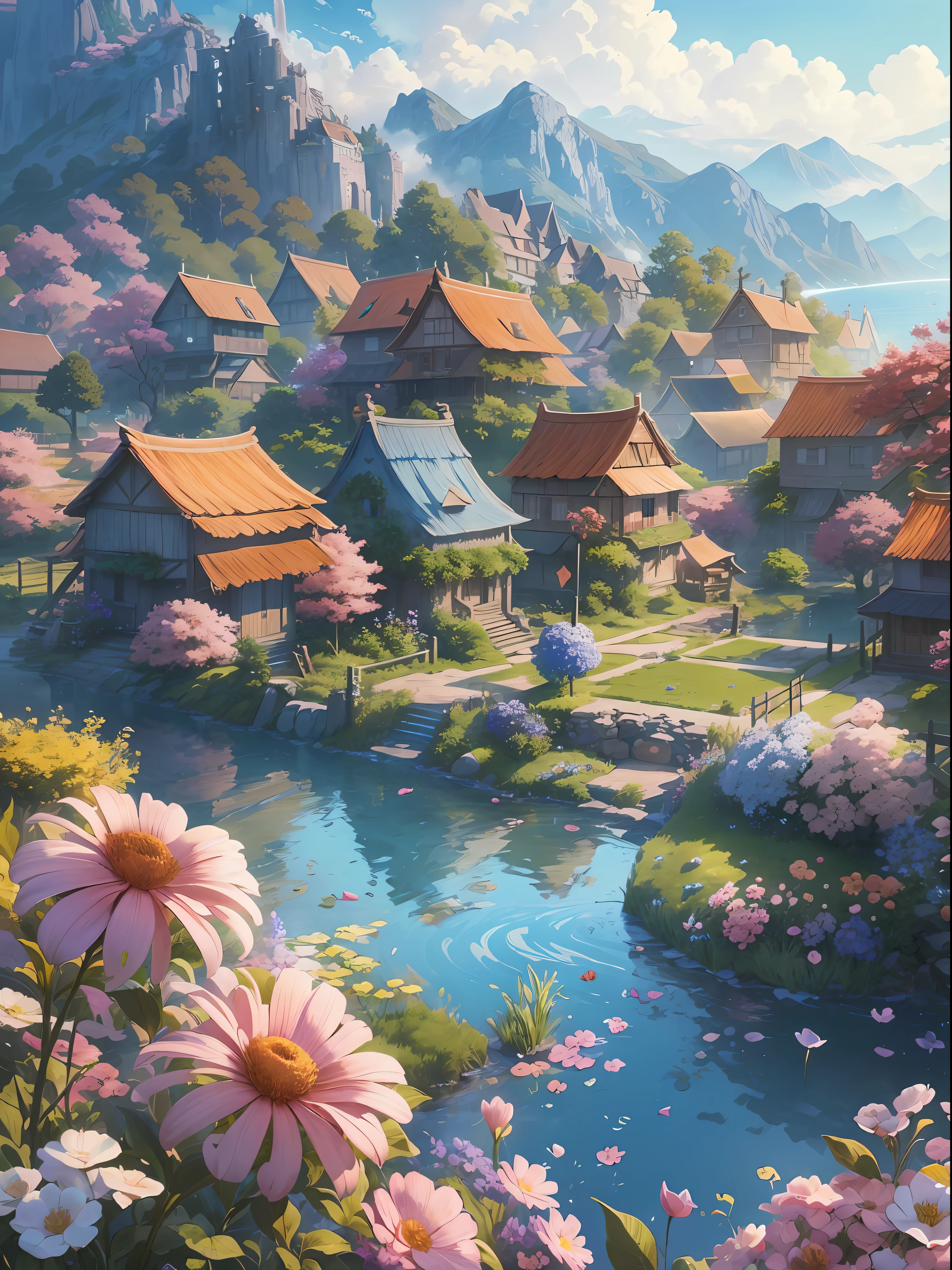 Masterpiece, best quality, (very detailed CG unity 8k wallpaper) (best quality), (best illustration), anime, village, flowers, blue sky, --v6