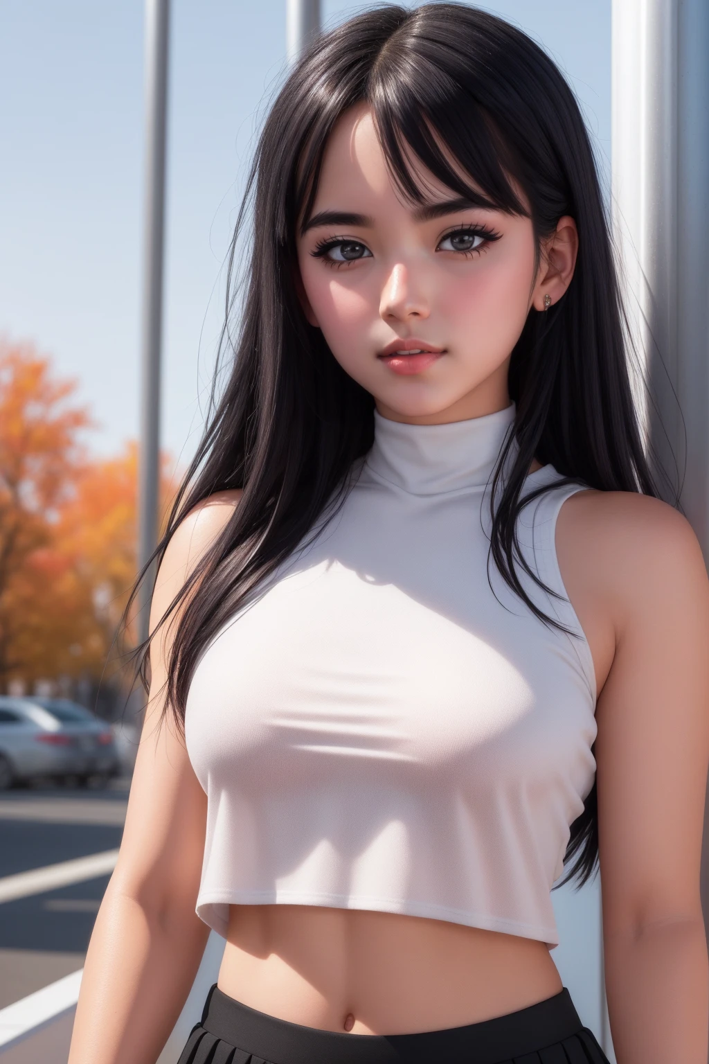 ultra-realistic, 1 girl, black hair, bleached highlights, Blue eyes, sparkling eyes, crop top, Class, skirt, parted lips, blush, autumn, sunlit