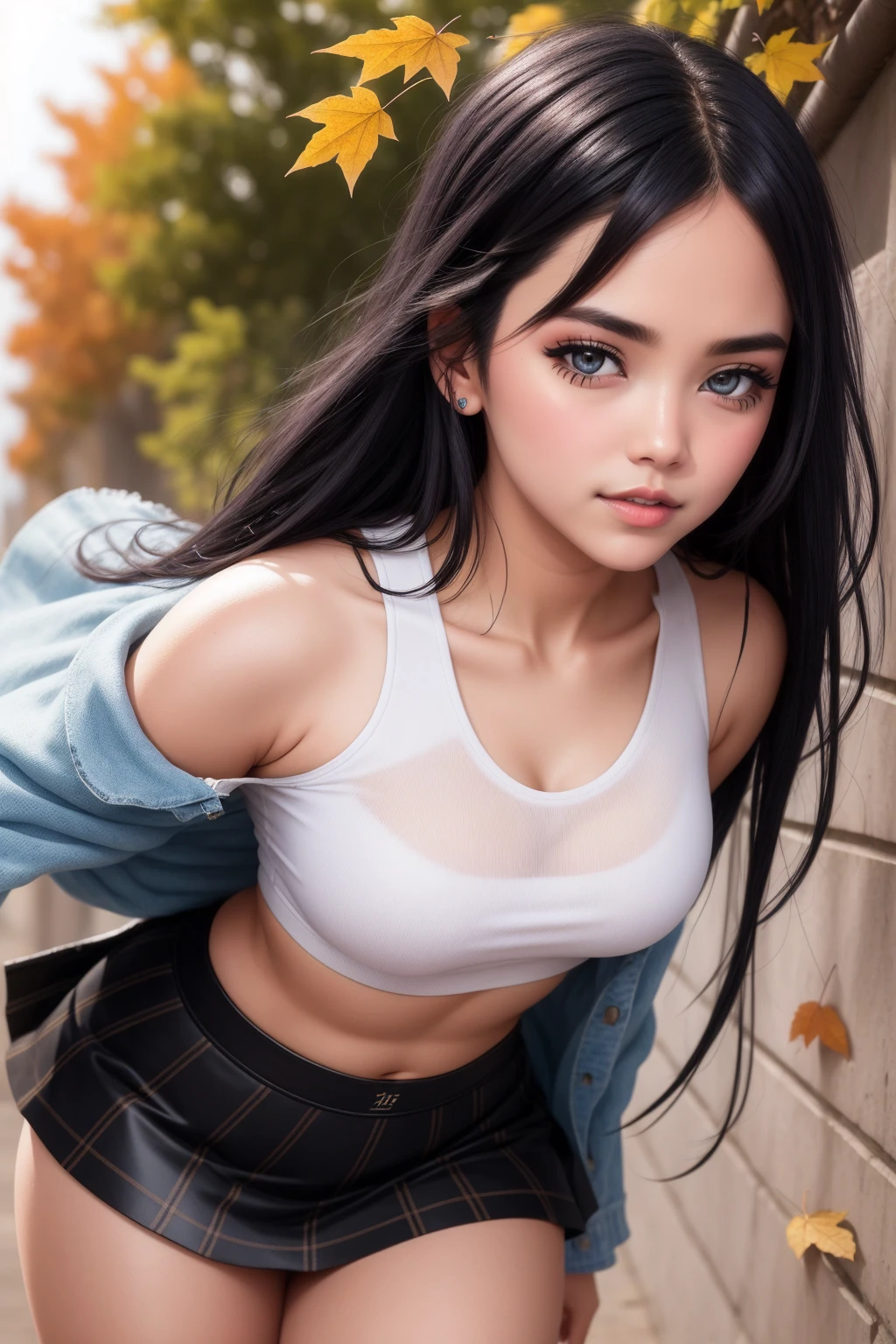 ultra-realistic, 1 girl, black hair, bleached highlights, Blue eyes, sparkling eyes, crop top, Class, skirt, parted lips, blush, autumn, sunlit