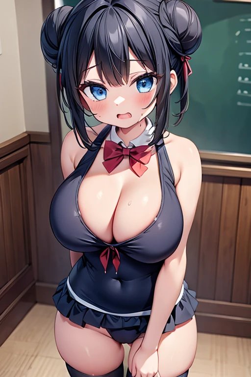 highest quality,wonderful,finely,extremely detailed CG Unity 8K wallpaper, (1 girl,black hair, blue eyes,double bun), (gigantic breasts:1.2), (school swimwear:1.1),(cleavage:1.1),(open mouth:1.2), (long tongue:1.2), (mouth drool:1.2),(zettai ryouiki:1.2)