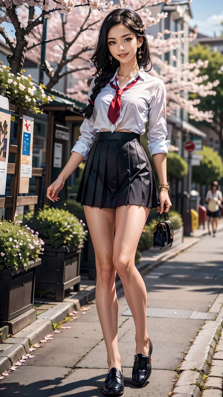 (8K, RAW photo, highest quality, masterpiece:1.2), (realistic, photo-realistic:1.37)、26 year old white woman、hair is black、Eye color is indigo、long hair、I braid it lightly、Slender but well-proportioned muscular body、setting hair、I'm punching my chest、accessories on the ankle、smile、I'm wearing a hair band、wearing a tie front shirt、My abs are cracked、I can see my bellybutton、She is wearing a dark blue low-rise micro-mini length pleated skirt.、wearing stockings、白い靴下wear、loafers((loafer))wear、Have a student bag、I'm on the row of cherry blossom trees I planted at school.、Cherry blossoms are in full bloom、smile、Entrance ceremony