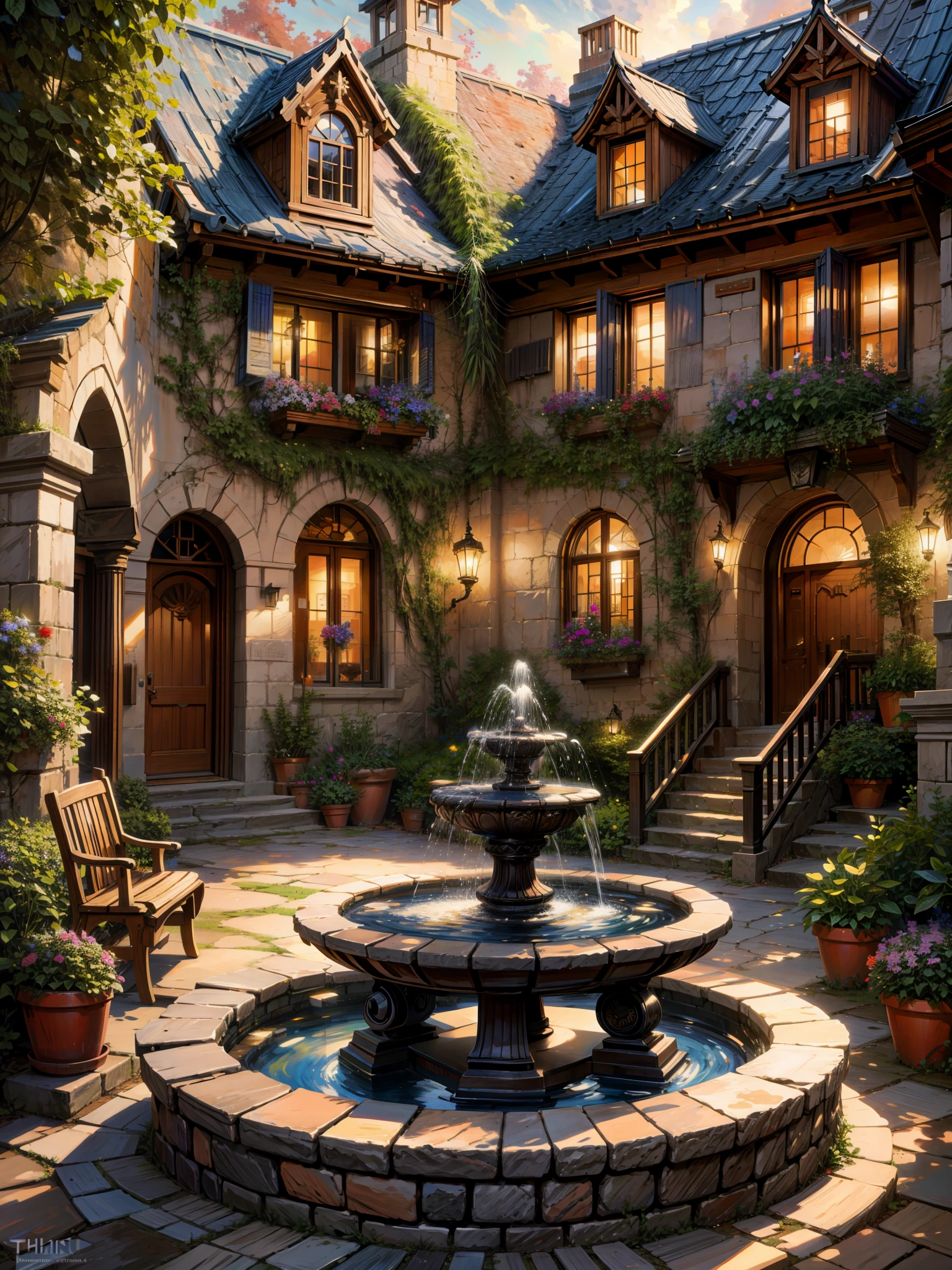 a painting of a courtyard with a fountain, ( ( thomas kinkade ) ), style thomas kinkade, style of thomas kinkade, thomas kinkade painting, thomas kinkade. highly detailed, thomas kinkade style painting, by Thomas Kinkade, by thomas kinkade, thomas kinkade cfg _ scale 8, thomas kinkade cfg _ scale 9, illustration, 4k hd,, beautiful art uhd 4 k, a beautiful artwork illustration, beautiful digital painting, highly detailed digital painting, beautiful digital artwork, detailed painting 4 k, very detailed digital painting, rich picturesque colors, gorgeous digital painting