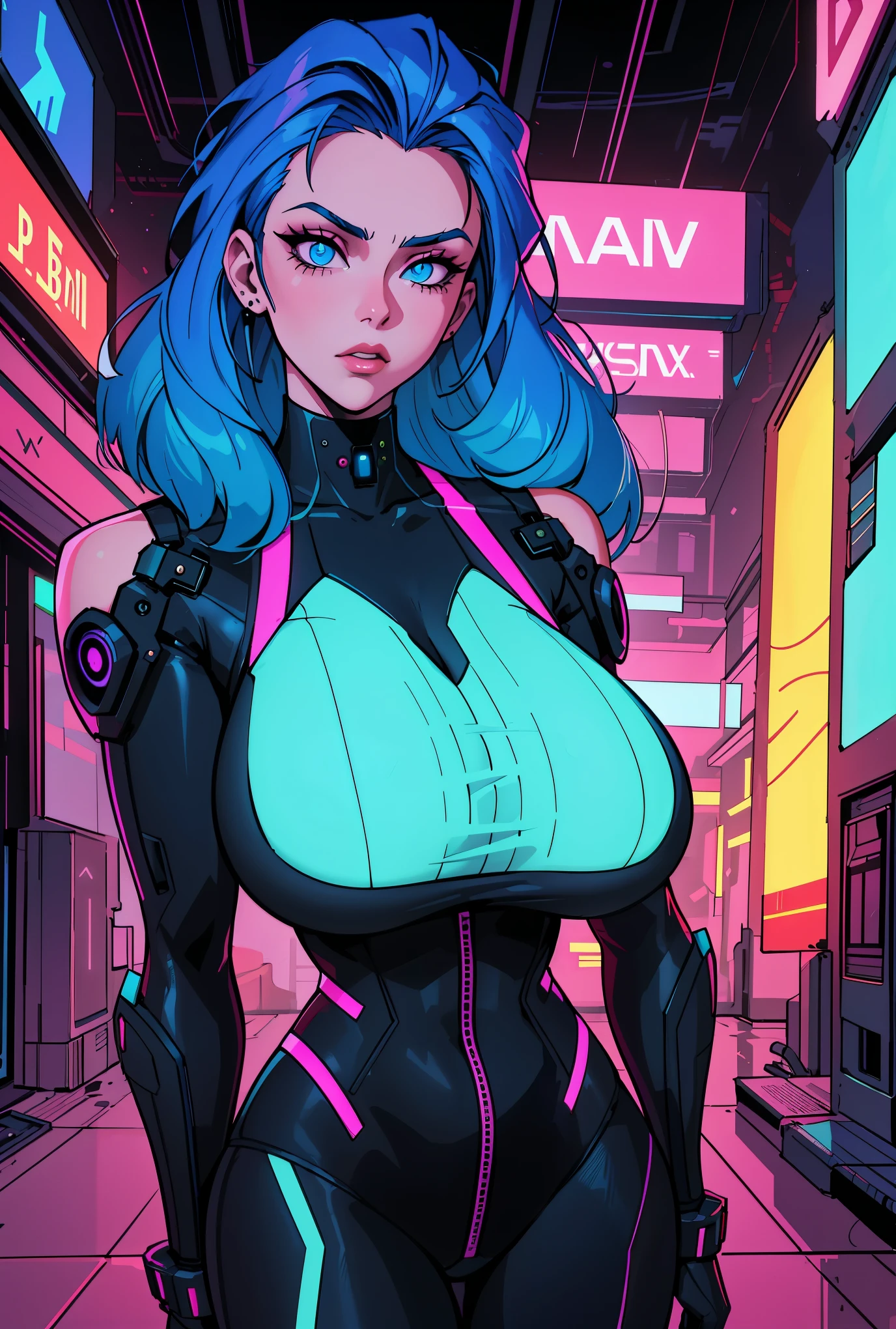 a digital painting of a woman with blue hair, cyberpunk art by Josan Gonzalez, behance contest winner, afrofuturism, synthwave, neon, glowing neon, huge breast