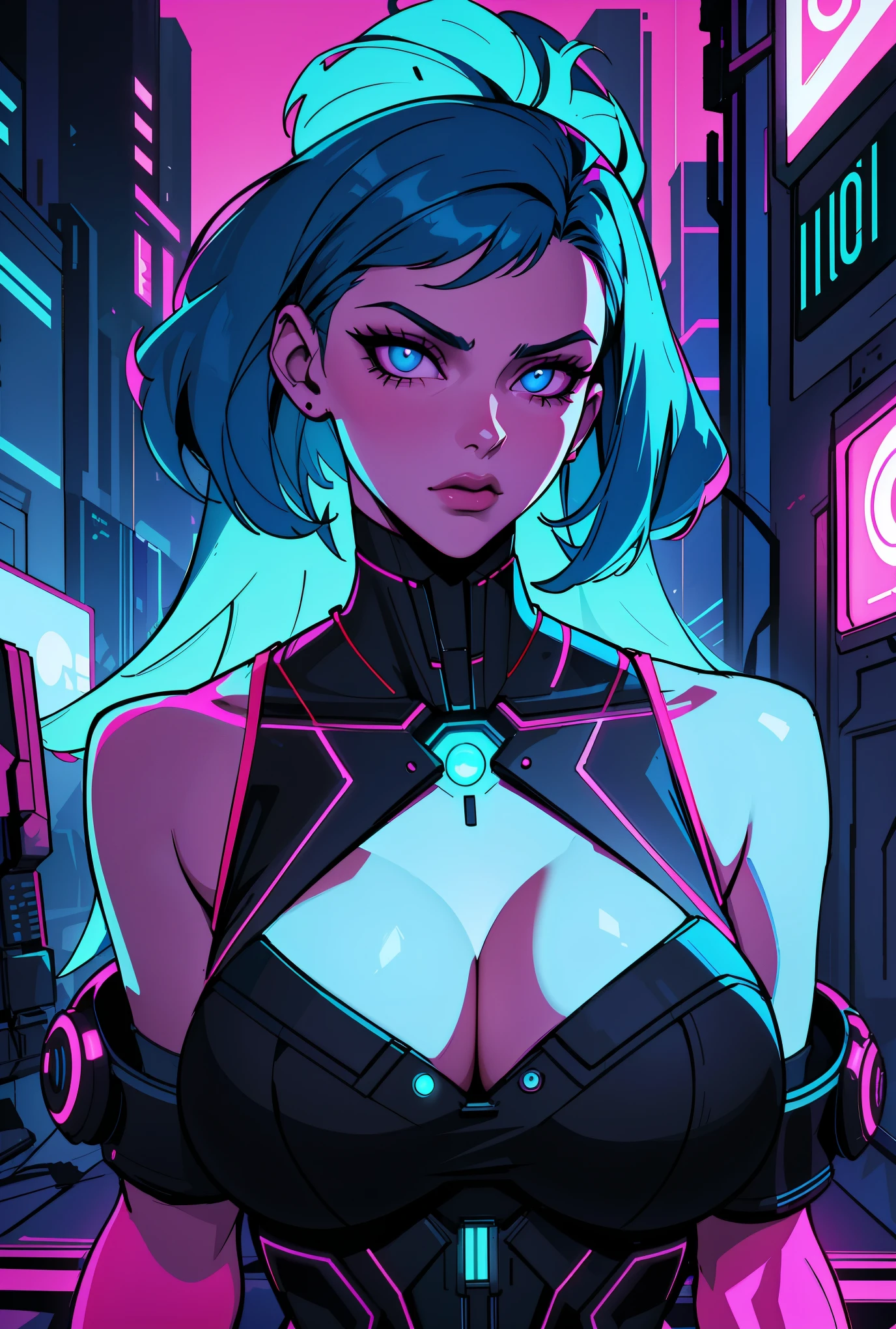 a digital painting of a woman with blue hair, cyberpunk art by Josan Gonzalez, behance contest winner, afrofuturism, synthwave, neon, glowing neon, huge breast