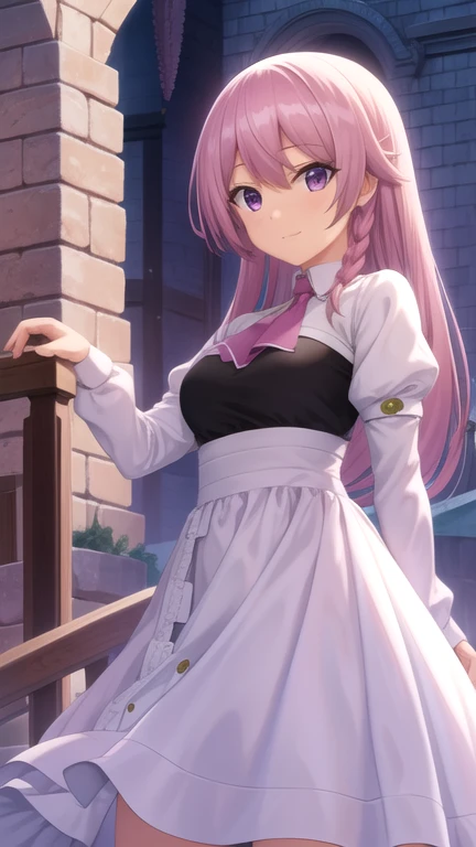 masterpiece, best quality, game cg, 1girl, solo, looking at viewer, , , ligne claire, , luna_heela, pink hair, purple eyes, , , , kerchief, The Castle of Shadows, 32k resolution