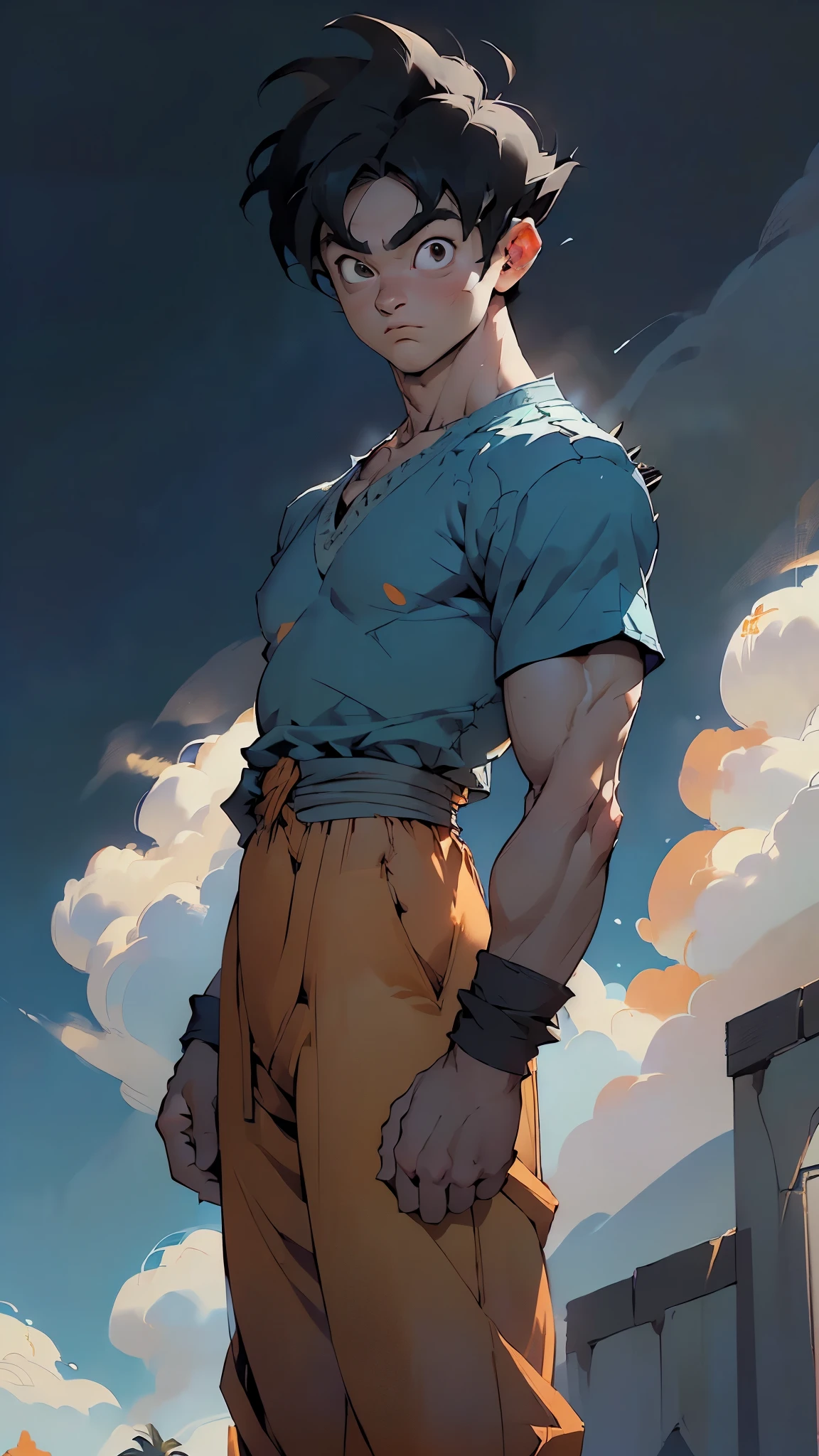 (((Son Goku))),((dragon ball,dragon ball z,young man,male,1boy,male focus,((muscular,muscular male)),(black hair,short hair,goku hair:1.5,spiked hair:1.3),(((black_eyes:1.3))),intricate eyes,beautiful detailed eyes,symmetrical eyes,big eyes:1.5, man:1.5,(male,muscle,1boy, 1 boy,pectoral,man chest,),young,((1male,1 male,1man,man,male gender:1.5)),((muscular body:1.4, broad shoulders:1.2, strong arms:1.2, thin waist, collarbone:1.5)),((feathered wings,white wings,angel wings,wings,halo)),

smile, 

collarbone,((dougi,orange dougi)),(orange pants,pants,pants tucked in,(bulge on pants)),(sash,blue sash,martial arts belt),(blue shirt,blue shirt under dougi,blue undershirt),(blue wristband),((oranga and dark blue clothing:1.2, orange tunic, dark blue undershirt, orange pants)),


((outdoors:1.2, fluffy clouds, sky blue scenery:1.5, sky background:1.4, flying nimbus:1.2)),
((standing:1.2, waving arm:1.1, on top small yellow cloud:1.4, on top flying nimbus)),

(dynamic pose:1.0),serious and thoughtful,man embarrassed,(centered,scale to fit dimensions,Rule of thirds),

((outdoors:1.2, fluffy clouds, sky blue scenery:1.5, sky background:1.4, flying nimbus:1.2)),((floating in the clouds, sky and clouds background)),scenery:1.25,((intricate scenery)),

(Glossy holy ornaments),highres,sharp focus,(ultra detailed,extremely detailed),(photorealistic artwork:1.37),(extremely detailed CG unity 8k wallpaper),(((vibrant colors,vibrant theme))),(intricate),(masterpiece),(best quality),artistic photography,(photography taken by sldr),(intricate background),perfect rendered face,perfect face details,realistic face,photo realistic,((intricate detail)),(((realism))),
