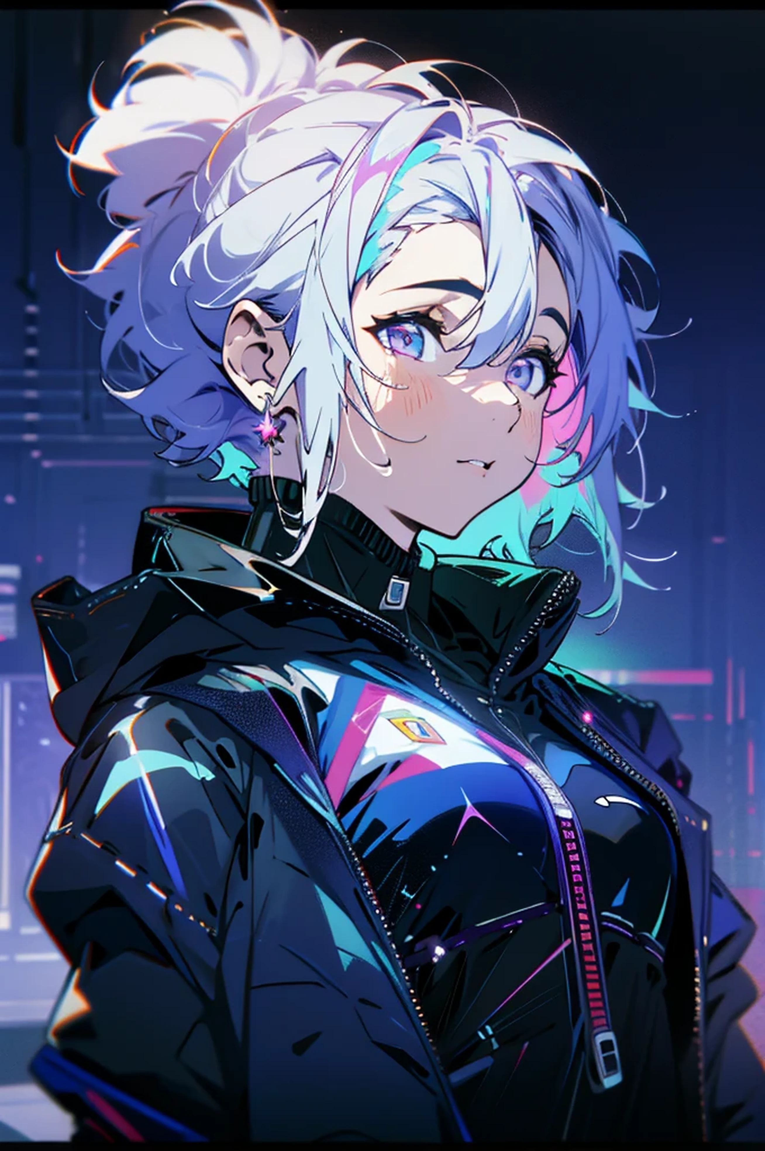 (best quality,4k,8k,highres,masterpiece:1.2),ultra-detailed,(realistic,photorealistic,photo-realistic:1.37),black and white portrait:1.2,man,white hair,purple glowing eyes,midnight sky,clouds,stars,cyberpunk hoodie,short hair,attractive