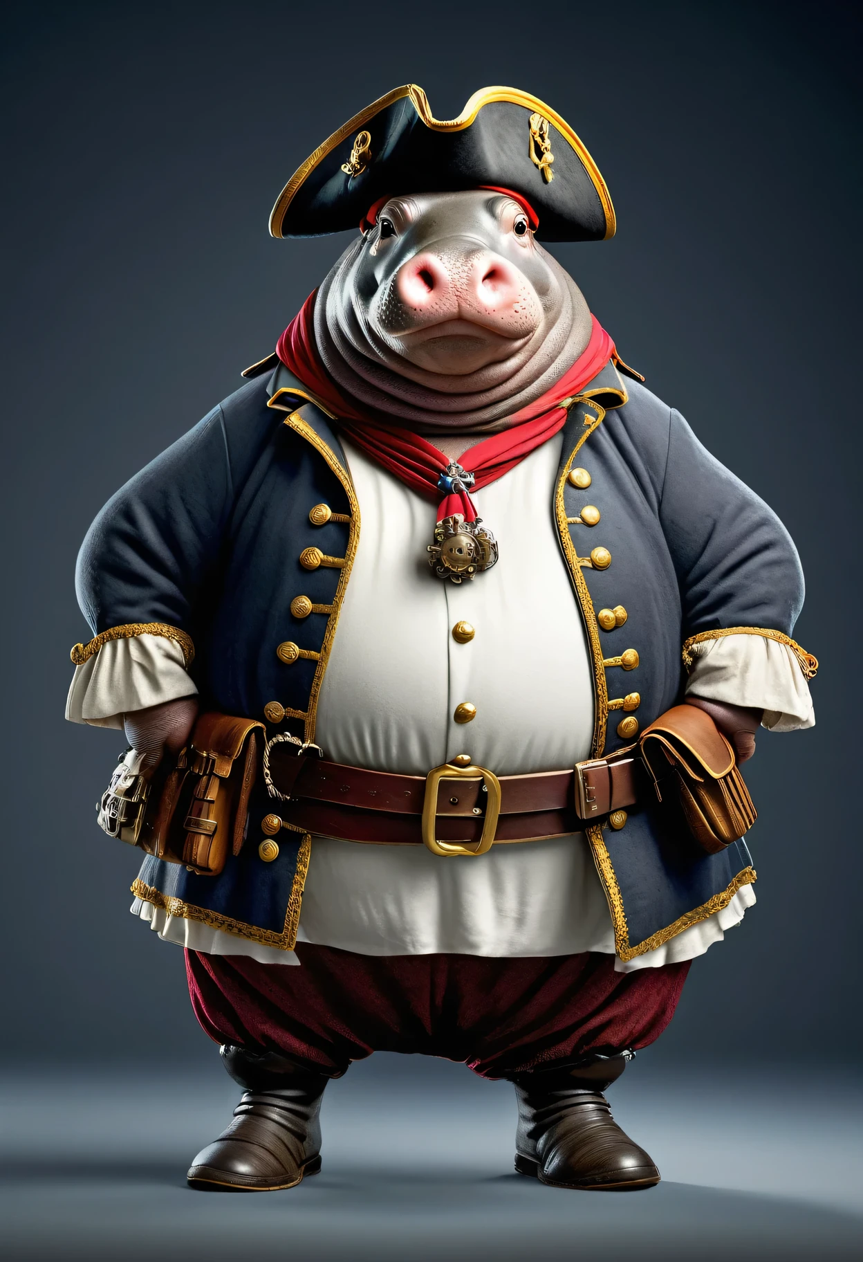 photorealistic portrait of Dressed animals - a ((fat)) hippo pirate,(hands on hips:1.2),(), high quality,(lovely) ,intricate details, highly detailed (( pirate costume)), wearing pirate hat and boots , highly detailed pirate equipment , (happy), studio lighting,(flurry),(simple background)