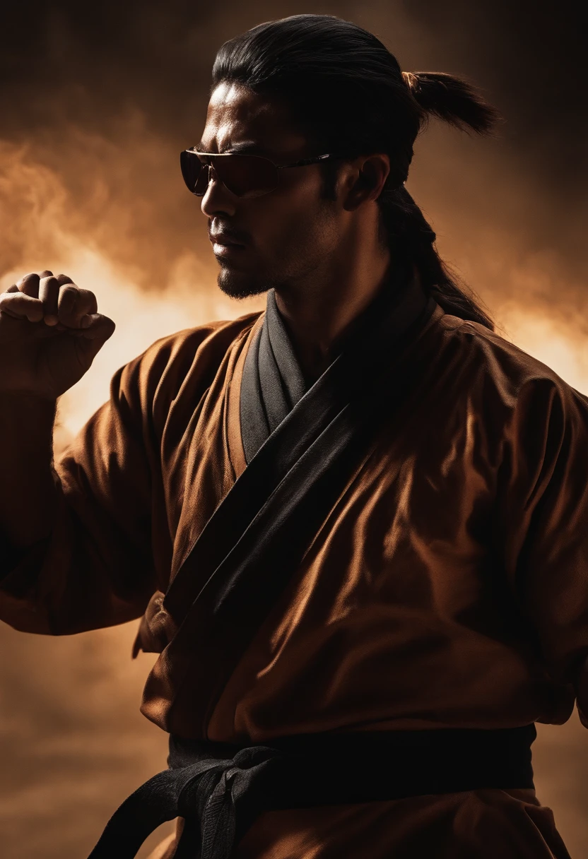 KANZENATE, Ninja, Karate, Shotokan, Ninjutsu, Kung Fu, usando camiseta branca, casaco preto, casaco marrom, oculos Ray Ban aviador, chapeu do vietnan