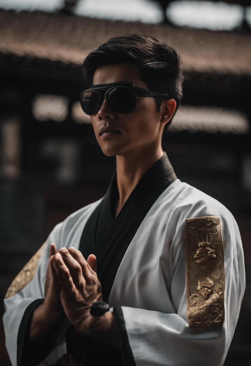 KANZENATE, Ninja, Karate, Shotokan, Ninjutsu, Kung Fu, usando camiseta branca, casaco preto, casaco marrom, oculos Ray Ban aviador, chapeu do vietnan