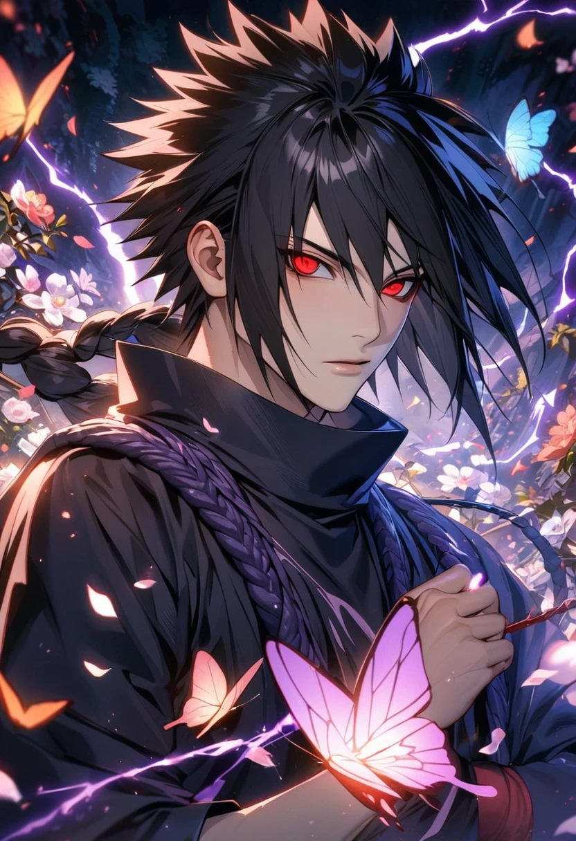 Ultra detailed, Highres, absurdres, HDR, Uchiha Sasuke, red eyes, black hair, Naruto Shippuden, purple lightning, butterflies, handsome, 1 man only, very detailed face and eyes, flowers and petals,
