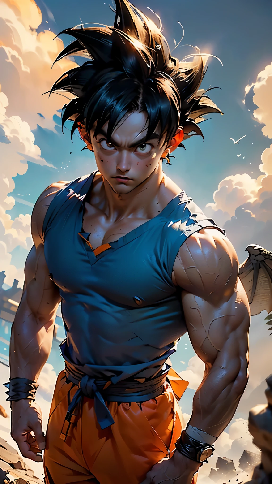 (((Son Goku))),((dragon ball,dragon ball z,young man,male,1boy,male focus,((muscular,muscular male)),(black hair,short hair,goku hair:1.5,spiked hair:1.3),(((black_eyes:1.3))),intricate eyes,beautiful detailed eyes,symmetrical eyes,big eyes:1.5, man:1.5,(male,muscle,1boy, 1 boy,pectoral,man chest,),young,((1male,1 male,1man,man,male gender:1.5)),((muscular body:1.4, broad shoulders:1.2, strong arms:1.2, thin waist, collarbone:1.5)),((feathered wings,white wings,angel wings,wings,halo)),

smile, 

collarbone,((dougi,orange dougi)),(orange pants,pants,pants tucked in,(bulge on pants)),(sash,blue sash,martial arts belt),(blue shirt,blue shirt under dougi,blue undershirt),(blue wristband),((oranga and dark blue clothing:1.2, orange tunic, dark blue undershirt, orange pants)),


((outdoors:1.2, fluffy clouds, sky blue scenery:1.5, sky background:1.4, flying nimbus:1.2)),
((standing:1.2, waving arm:1.1, on top small yellow cloud:1.4, on top flying nimbus)),

(dynamic pose:1.0),serious and thoughtful,man embarrassed,(centered,scale to fit dimensions,Rule of thirds),

((outdoors:1.2, fluffy clouds, sky blue scenery:1.5, sky background:1.4, flying nimbus:1.2)),((floating in the clouds, sky and clouds background)),scenery:1.25,((intricate scenery)),

(Glossy holy ornaments),highres,sharp focus,(ultra detailed,extremely detailed),(photorealistic artwork:1.37),(extremely detailed CG unity 8k wallpaper),(((vibrant colors,vibrant theme))),(intricate),(masterpiece),(best quality),artistic photography,(photography taken by sldr),(intricate background),perfect rendered face,perfect face details,realistic face,photo realistic,((intricate detail)),(((realism))),
