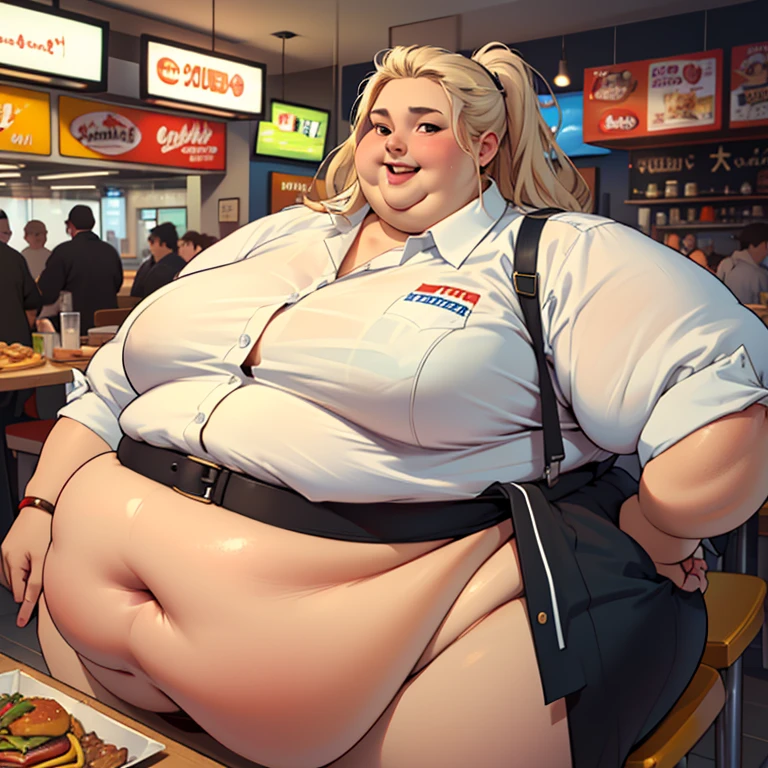 (masterpiece, best quality, highres, detailed, realistic:1.2), young american woman, fast food uniform, USSBBW, (morbidly obese:1.4), (fatblob:1.4), detailed face, beautiful face, high aesthetic , (enthusiastic expression:1.2), cute smile, taking order, burger joint