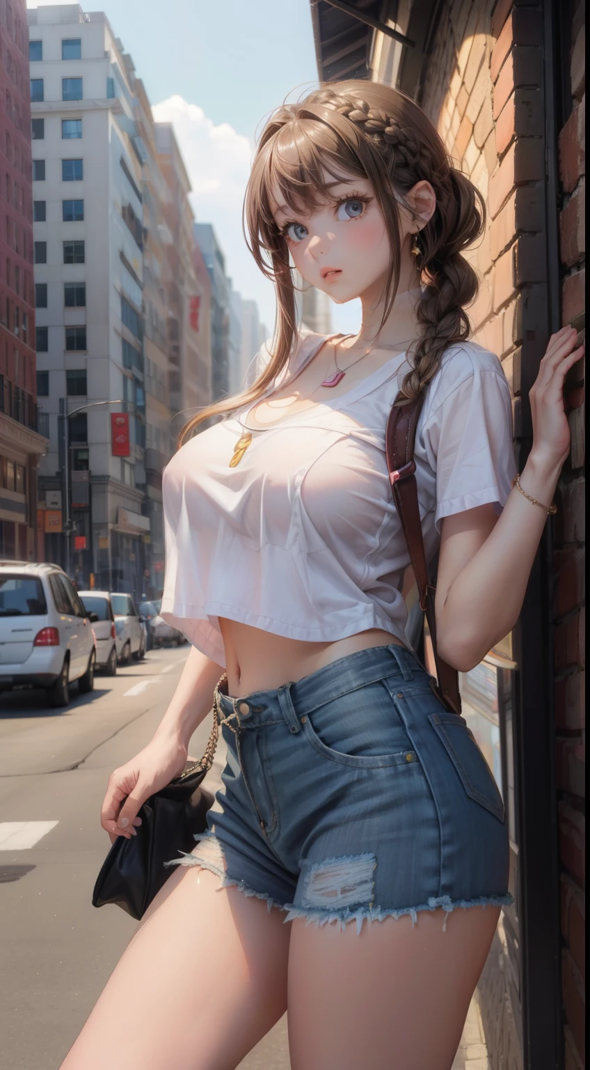 masterpiece, highest quality,2 girls,young girl, Coffee Eyes, pink, Braided Hairstyles,Worried _face,shiny skin,big breasts,nice leg line:1.3,thick thighs, thin waist,, white_button up_shirt, denim_cut off, With strap_sandals, Crossbody_bag, layered_necklace, cityscape,looking at the viewer,From before,Upper body、Two-dimensional beautiful girl、big breasts、sexy look、