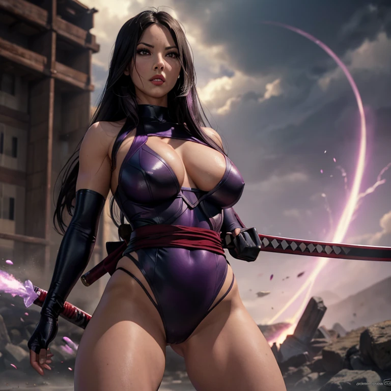 Olivia Munn Psylocke muscular body perfect breasts maroon lips face would be purple leotard samurai katana in her hand 