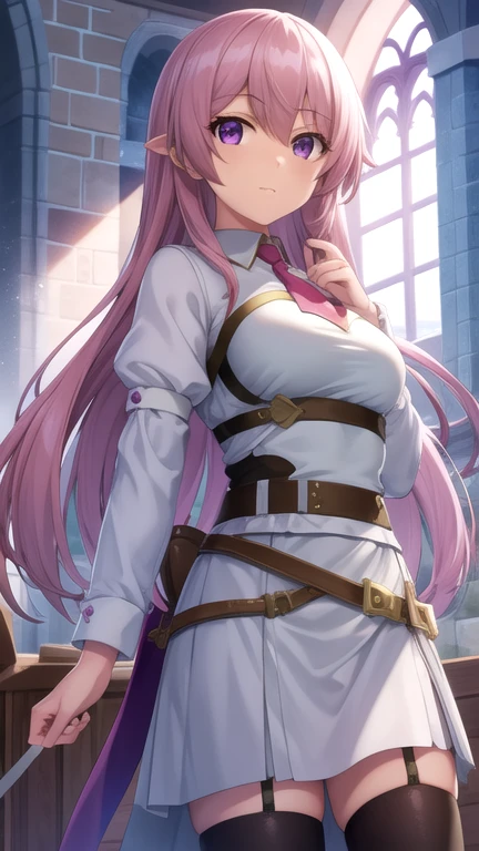 masterpiece, best quality, game cg, 1girl, solo, looking at viewer, , , ligne claire, , luna_heela, pink hair, purple eyes, , , , kerchief, The Castle of Shadows, 32k resolution