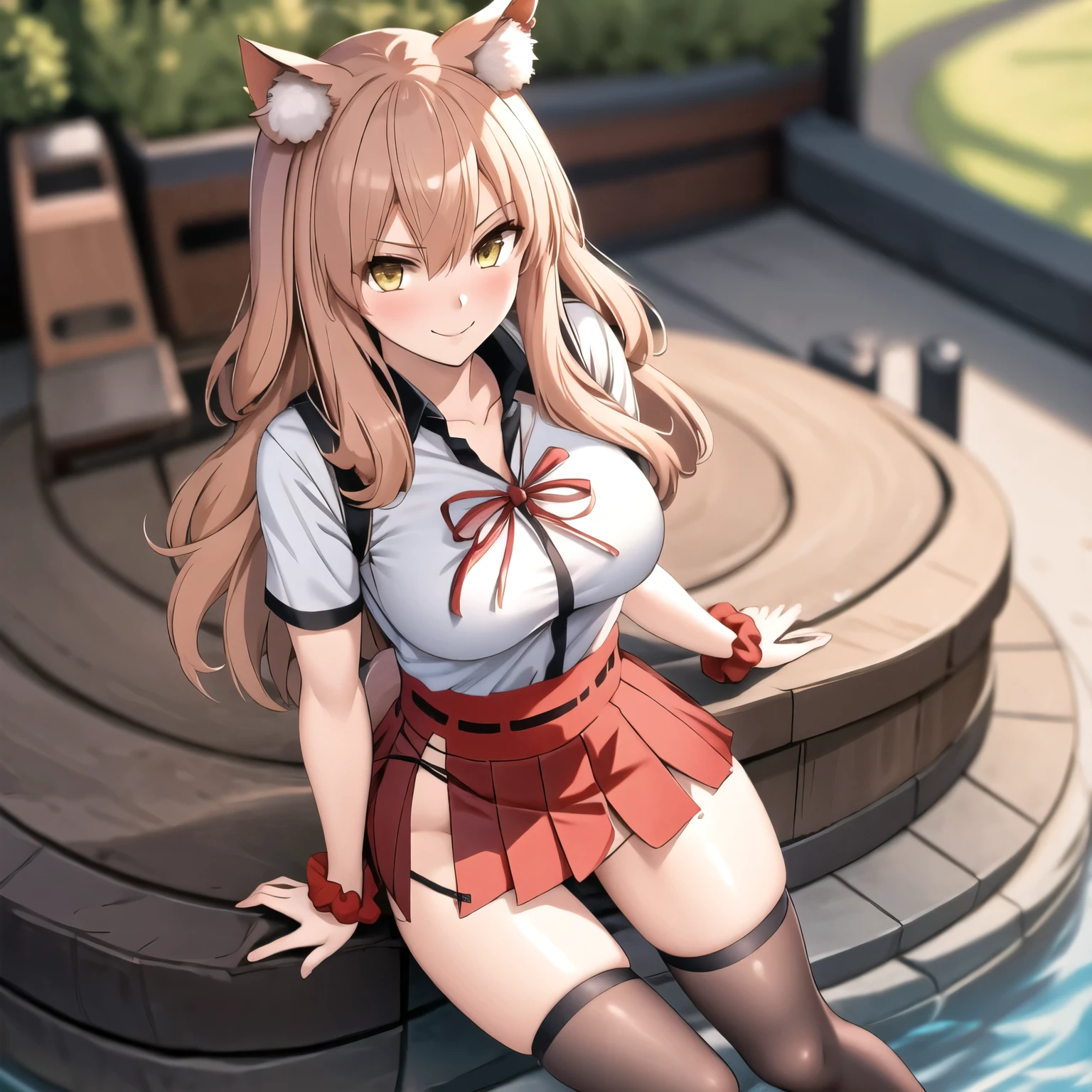 masterpiece, best quality, suzukaasc1, foxears, white shirt, hakama, red skirt, wrist scrunchie, fox tail, looking at viewer, blush, knee highs, smile, white socks woman 24 years old
