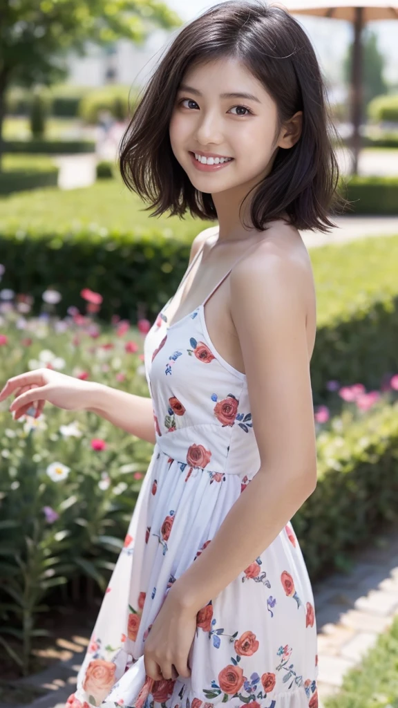 masterpiece, highest quality, disorganized, perfect anatomy, 1 girl, alone, pascal tales, short hair, beautiful, Hilarious, sunny day, botanical garden, Summer winds, sundress, Floral, wavy hair, smile