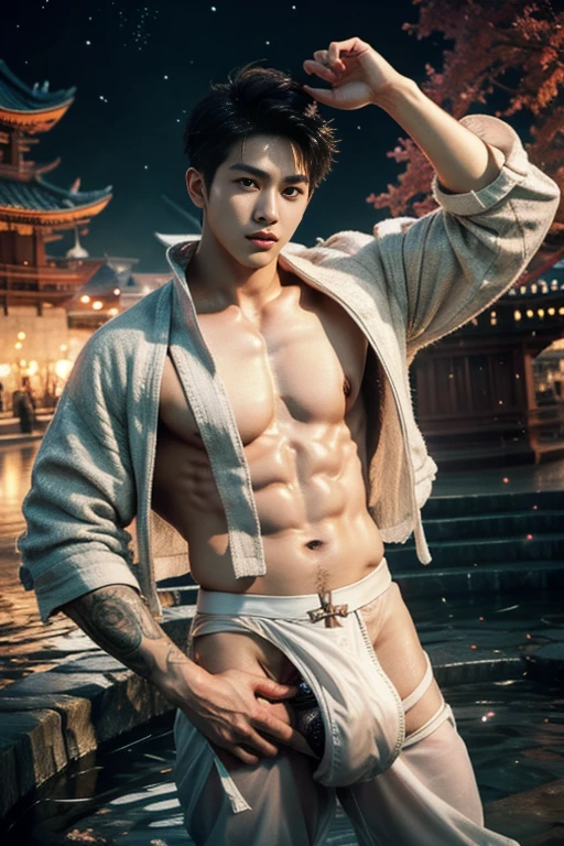 Handsome guy, 25 years old, Asian,kpop idol,  master work, best picture quality, higher quality, high detail, super high resolution, 8k resolution, delicate facial features, boy, big detailed muscles, human skin, manly face,realistic body, tattoos, glowing eyes, detailed short hair, hair details, [[Look away, look to the side, emphasize homosexuality and pay attention to every detail , open Hanfu transparent tulle jacket, white silk pants, shirtless, night, starry sky, detailed flying lotus flowers. Waterfalls, mountains, circling light , Chinese courtyard background (((((crotch bulge))))), naked, big eretion dick.