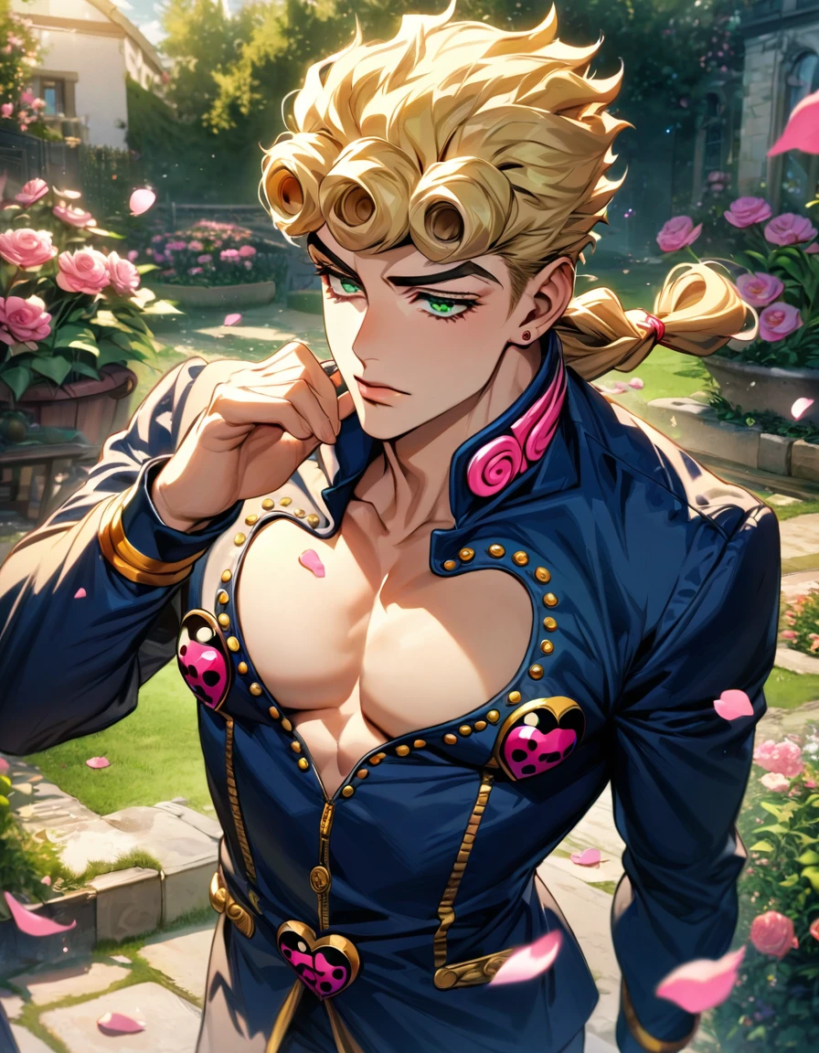 absurdres, highres, ultra detailed, HDR, master piece, best quality, Giorno Giovanna, blond hair, expressive green eyes, Jojo bizarre adventure, 1man, handsome, garden, pink flowers, petals