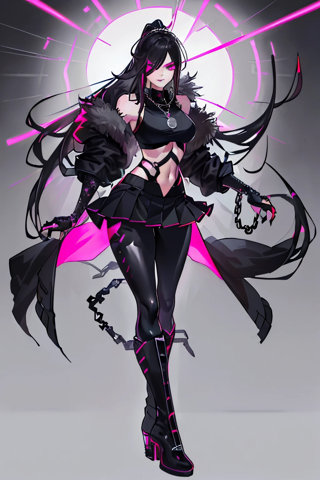 (art, best quality, ultra-detailed, high contrast) 1 woman (Standing alone, full body, curvaceous figure, on the edge of a towering skyscraper, long silver hair cascading down her back in a ponytail, broken ruby red eyes reflecting melancholy, (wearing leggings with intricate designs, pleated skirt flowing around her hips, sports top hugging her figure, high boots with metallic accents, long fur jacket adding texture, black cybernetics with neon pink accents), Detailed face with expressive lines, black transparent tights, Sharp facial features, metal necklace with a delicate chain wrapped around her neck, Line