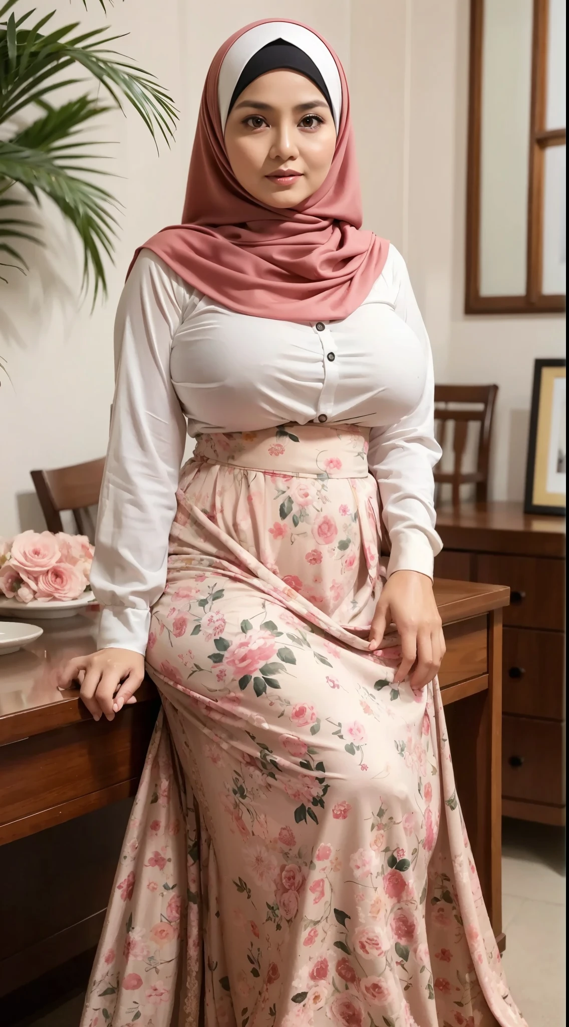 50 years Old, Hijab Indonesian mature woman, Big Tits : 66.9, Gamis, Breast out from her clothes : 1.9, at doctor office, Dark light, at Nighttime