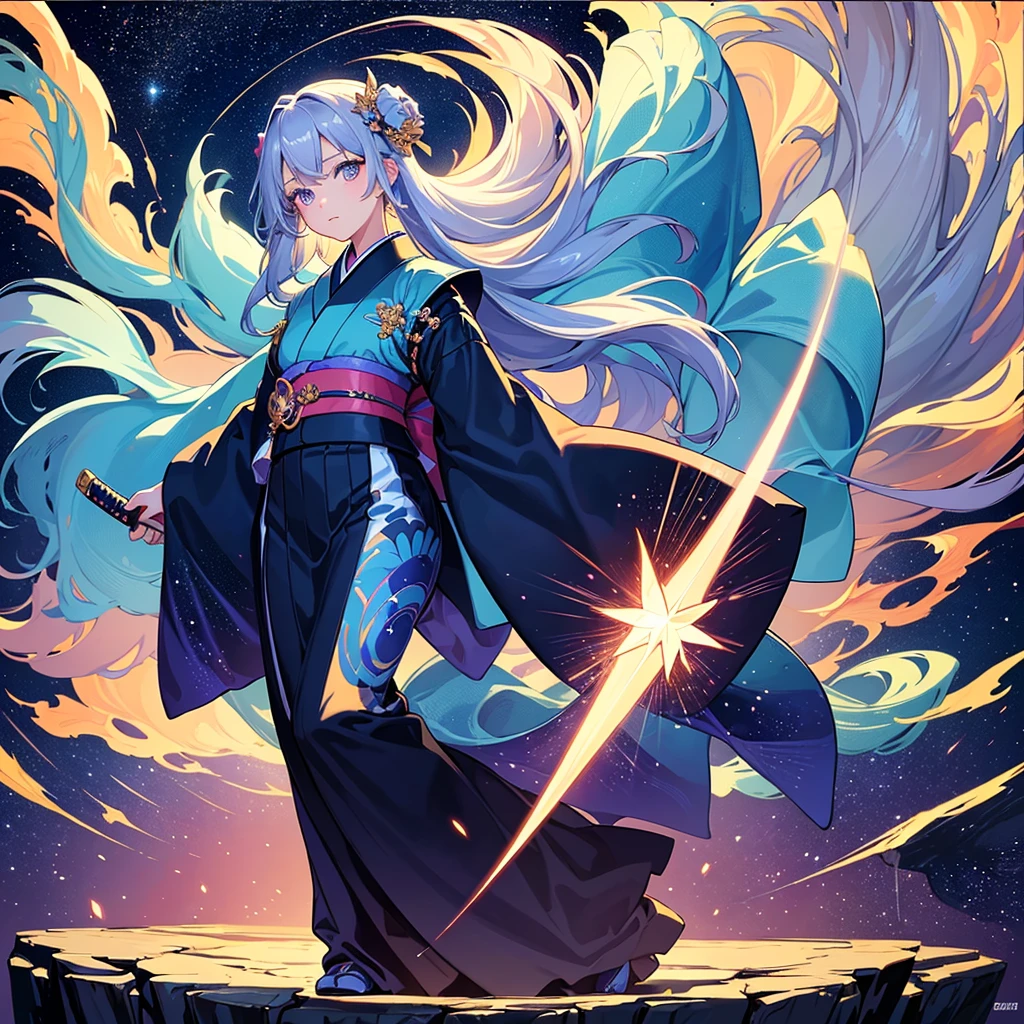 (score_10,score_9_up,score_8_up,score_7_up), hadrian, side view, a beautiful oni girl, cosmic kimono,  cosmic horror, oni horns, cleavage, black makeup, glowing eyes, detailed background, japanese style temple, ghosts, spirits, yokai, katana,plants, wooden floor, magic spirit in the air,large breasts,full body,blue skin,colored skin, silhouette