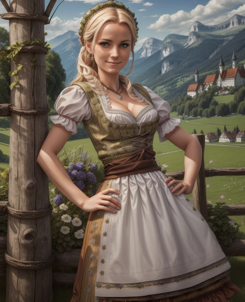 Masterpiece, absurdres, fine detail, HDR, highly detailed face and eyes, photorealistic, dirndl, a woman in traditional bavarian dress Standing poses for a picture , german woman, wearing a dirndl,