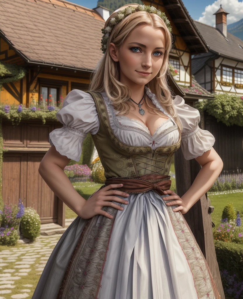 Masterpiece, absurdres, fine detail, HDR, highly detailed face and eyes, photorealistic, dirndl, a woman in traditional bavarian dress Standing poses for a picture , german woman, wearing a dirndl,