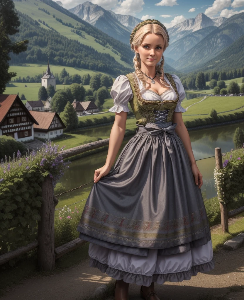Masterpiece, absurdres, fine detail, HDR, highly detailed face and eyes, photorealistic, dirndl, a woman in traditional bavarian dress Standing poses for a picture , german woman, wearing a dirndl,