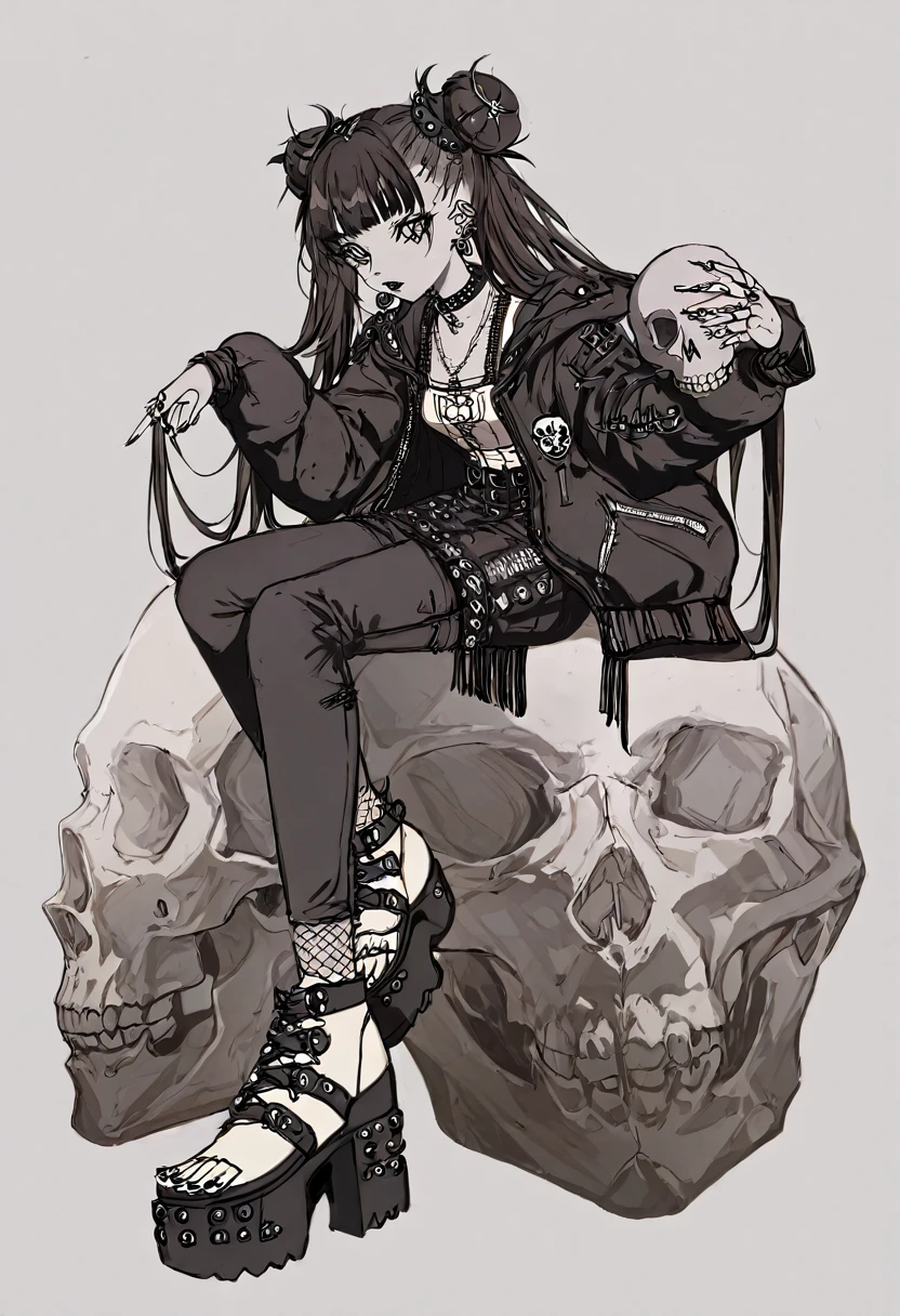 (high quality, 4k, detailed:1.2), ultra-detailed, (realistic:1.37), absurdres, aesthetic, line art, full body, holding a skull, 1girl, piercings, long hair, double buns, platform shoes, intricate jacket, black and white