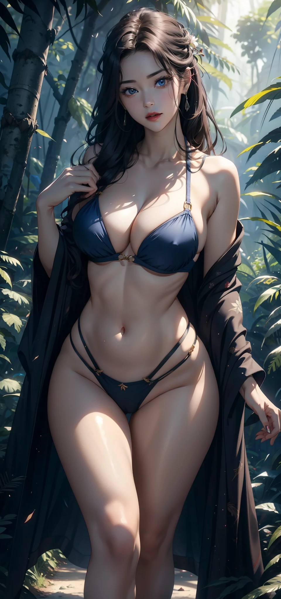 1 female，45 years old，married woman，milf，big breasts，long leges，Big breasts and thin waist， 照片曝Light， alone，（background with：in the woods，rainforest，In the summer） 她有长long黑发，red lips，Stand deep in the woods，View from the front， straight hair，long, flowing hair， The sky is mostly cloudy，（（（masterpiece），（Very detailed CG unified 8k wallpaper），best quality，Light，Detailed background，beautiful eyes，bright pupils，（Very delicate and beautiful），（Beautiful and detailed eye descriptions），super detailed，masterpiece，）），face camera，High resolution，super detailed），nude，The exposed breasts are a bit fat， camel toe，（wear：Dark blue bikini，transparent，nude，Xia）