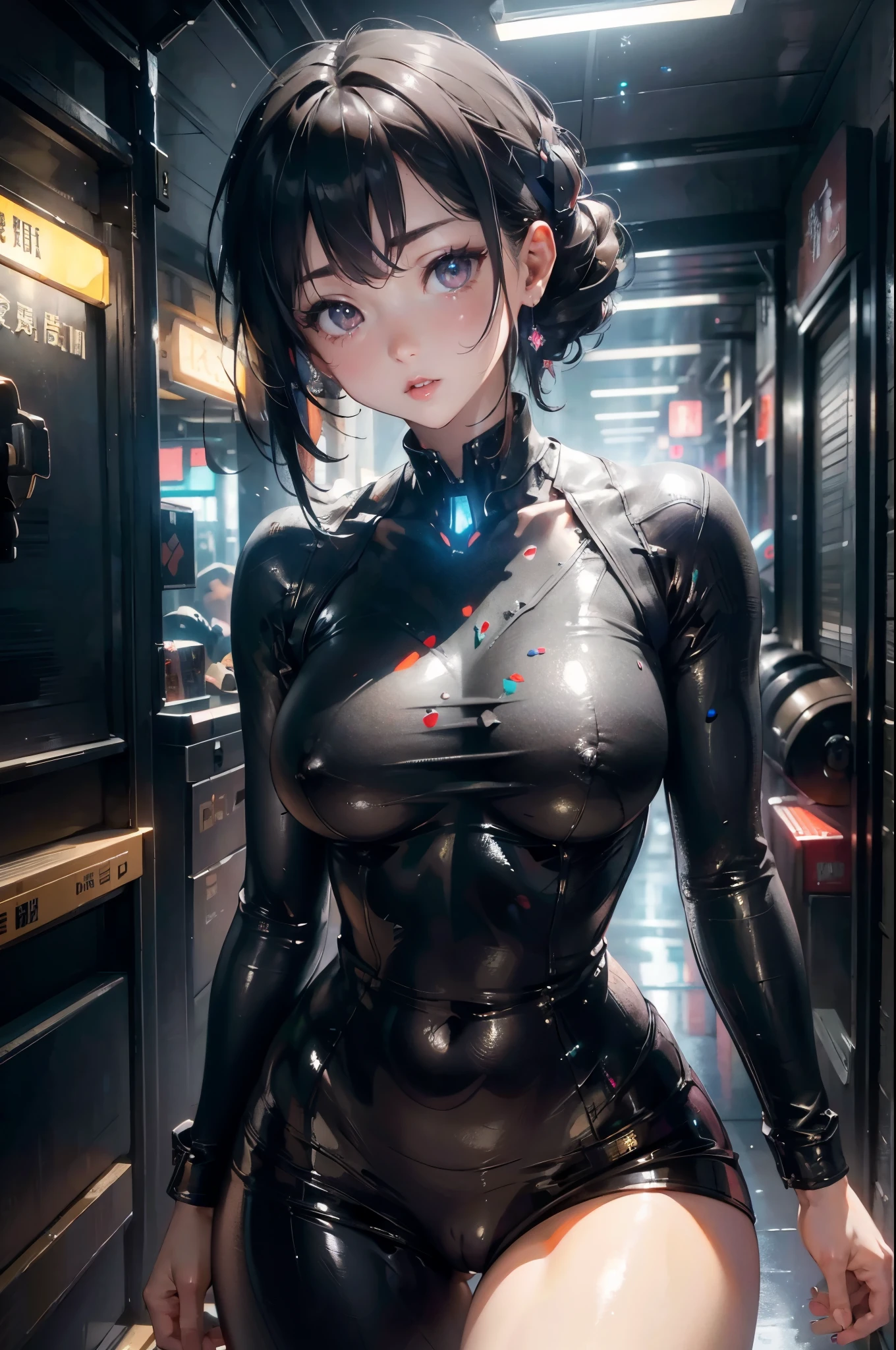 ((best quality)), ((masterpiece)), (detail:1.4), 3d, Exquisite big eyes，street frontage，spread your legs，Detailed face，long eyelashes，tight clothes，黑色大瞳孔detail，short black hair，Big boobs，Beautiful cyberpunk female figure,high dynamic range（high dynamic range）,Ray tracing,NVIDIA RTX,Super resolution,Unreal 5,subsurface scattering、PBR texture、Post-processing、Anisotropic filtration、depth of field、Big ，Raised sexy，Maximum clarity and sharpness for any layer texture、Albedo and highlight maps、surface coloring、Accurately simulate the interaction of light with materials、perfect proportions、Render by Octane、dichroic light、Large aperture、Low ISO、white balance、rule of thirds、8K raw data、