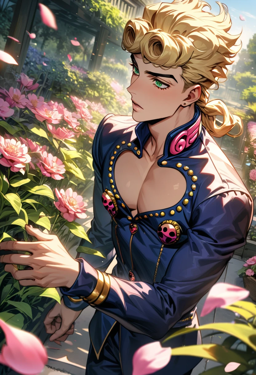 absurdres, highres, ultra detailed, HDR, master piece, best quality, Giorno Giovanna, blond hair, expressive green eyes, Jojo bizarre adventure, 1man, handsome, garden, pink flowers, petals