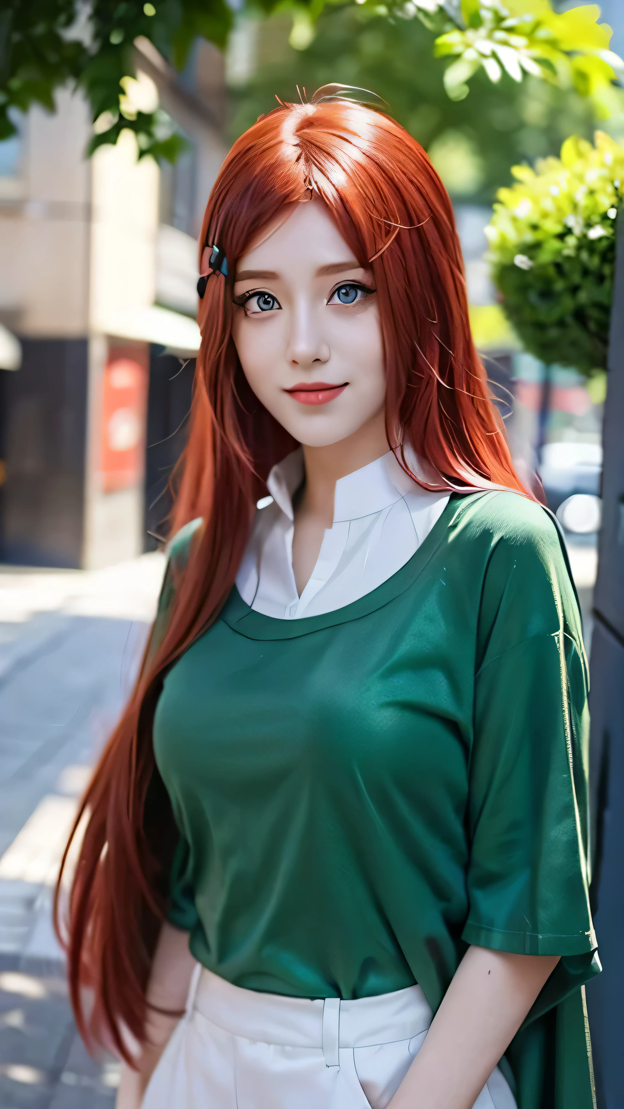 1girl, uzumaki in anime noruto, red hair, blue eyes, beautifull, smile, green clothes, city background, ultra detail, realistic, red lips