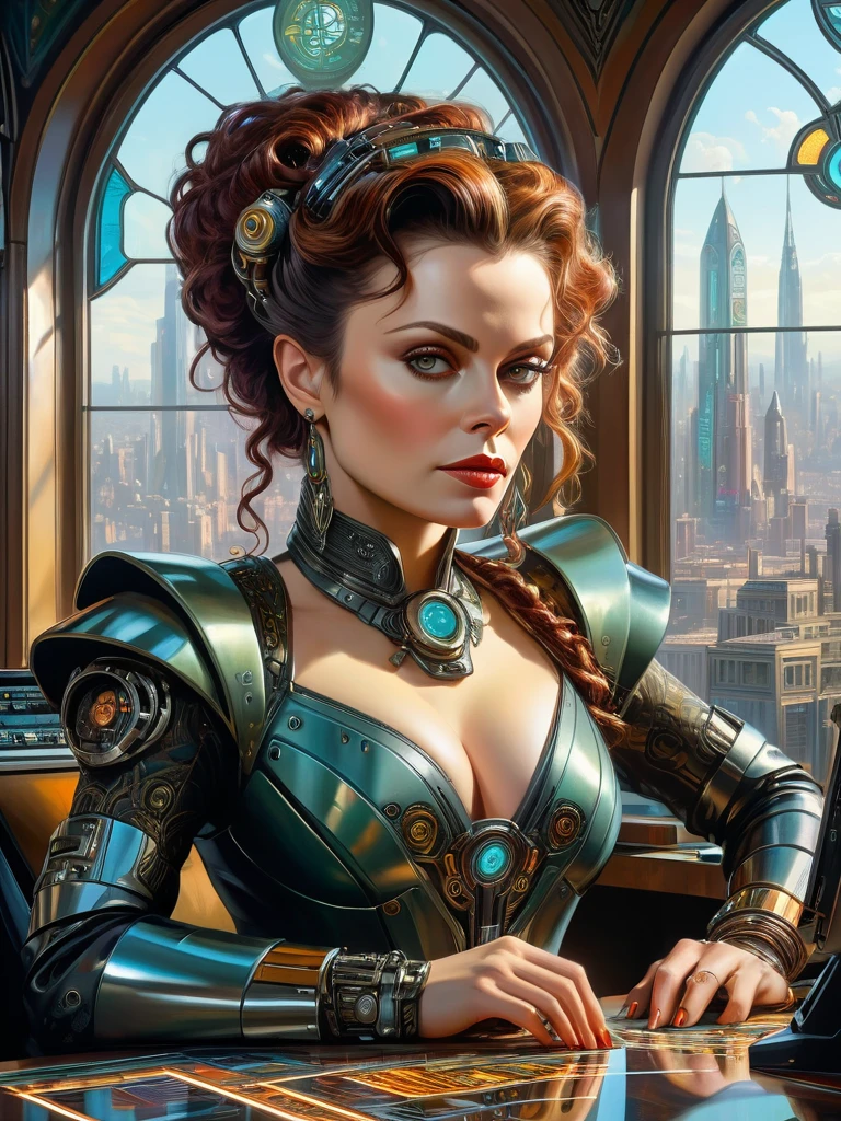 Masterpiece photorealistic oil on canvas painting of an ambitious, greedy, lean and mean business woman [Helena Bonham Carter:Lisa Stansfield:0.5] with a detailed face, stylish neo-medieval-Cyberpunk fashion outfit, at her cyberpunk lavish office, big clear transparent windows, neon, insanely detailed and intricate city view from the windows with futuristic gadgets on her desk, an AI assistant hovering nearby with subtle circuit patterns on its surface and a holographic interface around it, Don Lawrence Style, Arts by Alphonse Mucha, Greg Rutkowski