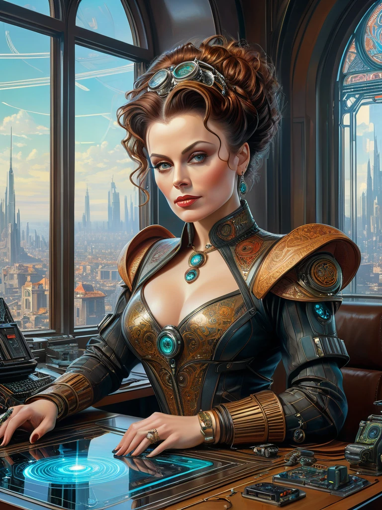 Masterpiece photorealistic oil on canvas painting of an ambitious, greedy, lean and mean business woman [Helena Bonham Carter:Lisa Stansfield:0.5] with a detailed face, stylish neo-medieval-Cyberpunk fashion outfit, at her cyberpunk lavish office, big clear transparent windows, neon, insanely detailed and intricate city view from the windows with futuristic gadgets on her desk, an AI assistant hovering nearby with subtle circuit patterns on its surface and a holographic interface around it, Don Lawrence Style, Arts by Alphonse Mucha, Greg Rutkowski