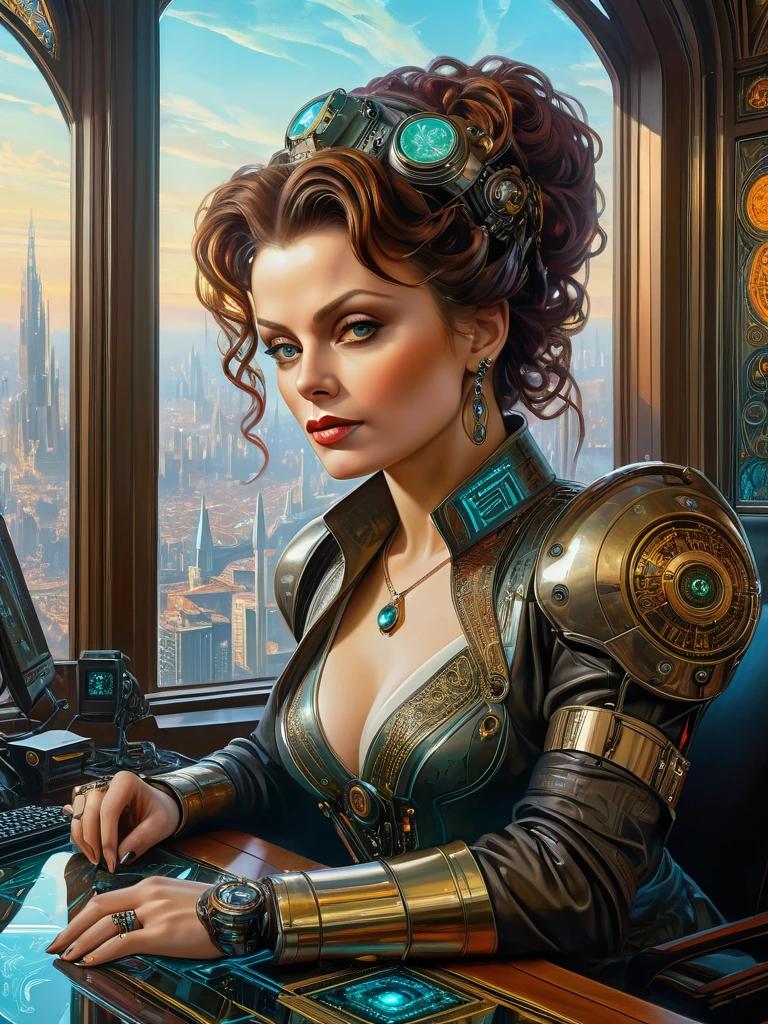 Masterpiece photorealistic oil on canvas painting of an ambitious, greedy, lean and mean business woman [Helena Bonham Carter:Lisa Stansfield:0.5] with a detailed face, stylish neo-medieval-Cyberpunk fashion outfit, at her cyberpunk lavish office, big clear transparent windows, neon, insanely detailed and intricate city view from the windows with futuristic gadgets on her desk, an AI assistant hovering nearby with subtle circuit patterns on its surface and a holographic interface around it, Don Lawrence Style, Arts by Alphonse Mucha, Greg Rutkowski