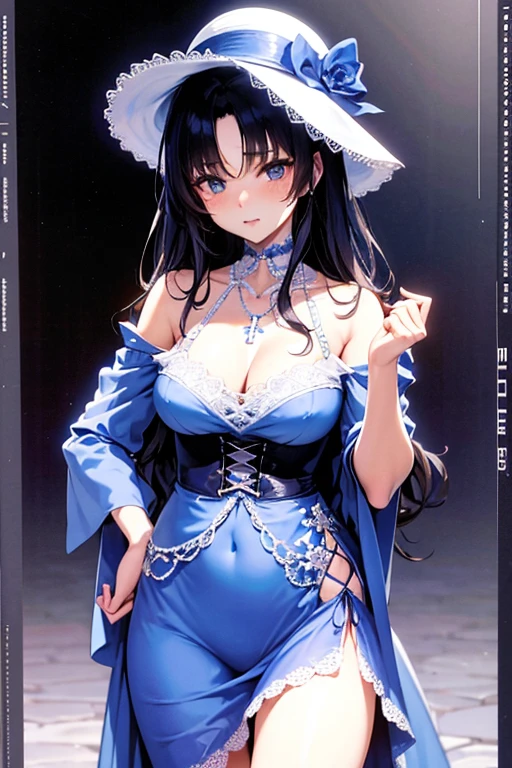 Akina Nakamori、Blue lace dress、25 years old、Beautiful woman、sexy、White cross necklace on chest、gothic style、miniature small hat、Sharp and cute、Beautiful woman、Upper grade