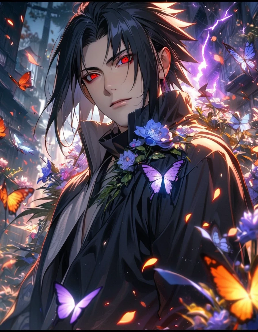 Ultra detailed, Highres, absurdres, HDR, Uchiha Sasuke, red eyes, black hair, Naruto Shippuden, purple lightning, butterflies, handsome, 1 man only, very detailed face and eyes, flowers and petals